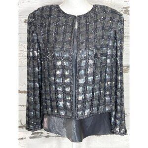 ADRIANNA PAPELL EVENING Beaded Silk Blazer and Shell Silver Gray Sz XL NWOT